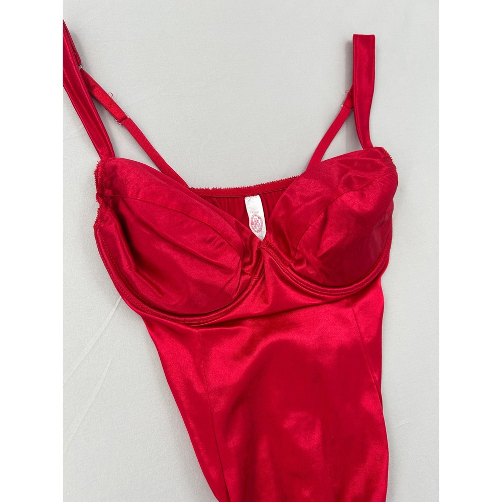 La Vie En Rose Red Satin Underwire Bodysuit Vintage High Cut Lingerie Large